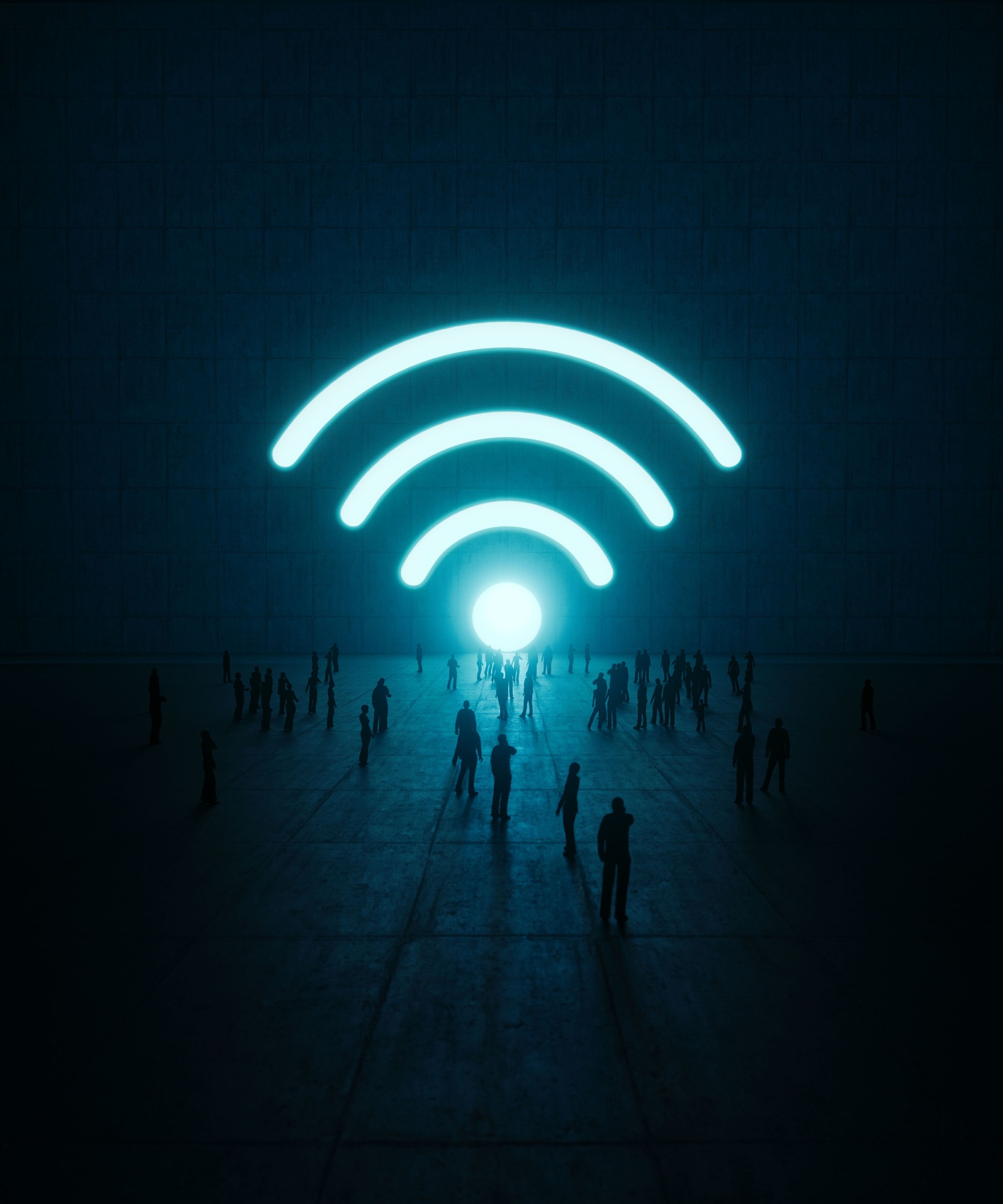 Human Crowd Waiting Before A Glowing Wi-Fi Symbol On Concrete Wall