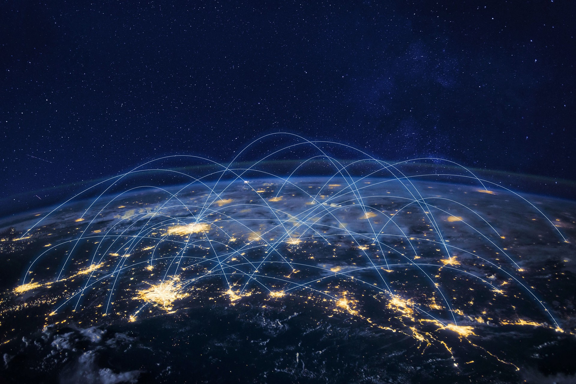Communication technology, global internet network over Earth. Telecommunication.